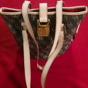 Vintage Dooney and Bourke Denim Logo Tote Gold Plaque White Leather Trim Accents
